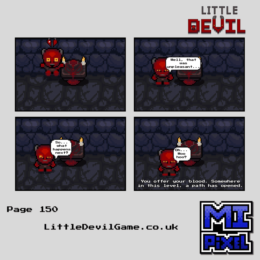 Little Devil webcomic page 150 - Little Devil uses the blood altar and receives a game prompt telling him a path has opened somewhere in the level