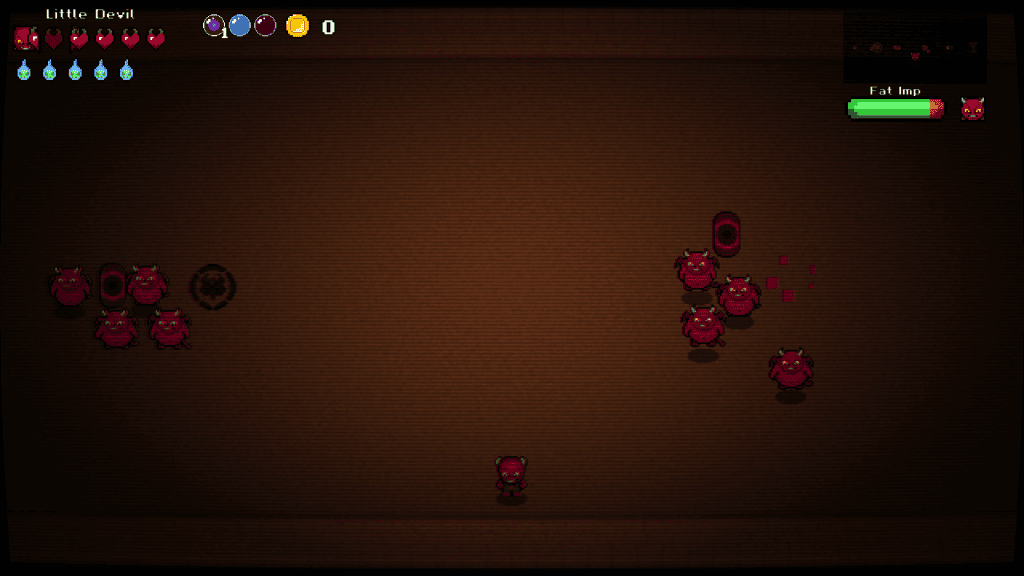 Little Devil gameplay after the new CRT shader, showing Fat Imps and a portal with scanlines and colour bleed visible