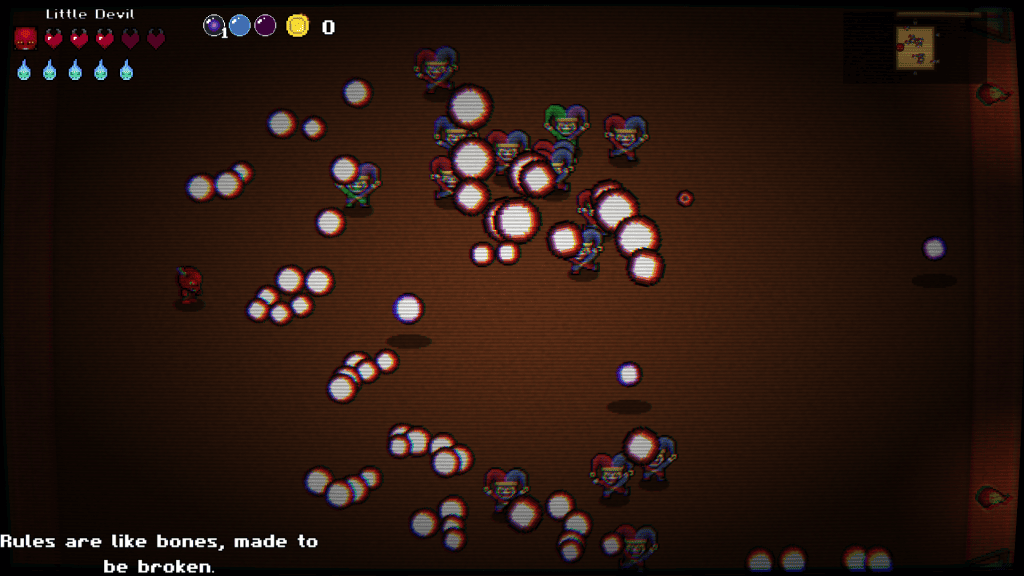 A dungeon room in Little Devil overwhelmed with fifteen Jesters after the Coulrophobia One Hit Wonder was triggered during the Little Devil July 2026 update, alongside a swarm of bullets.