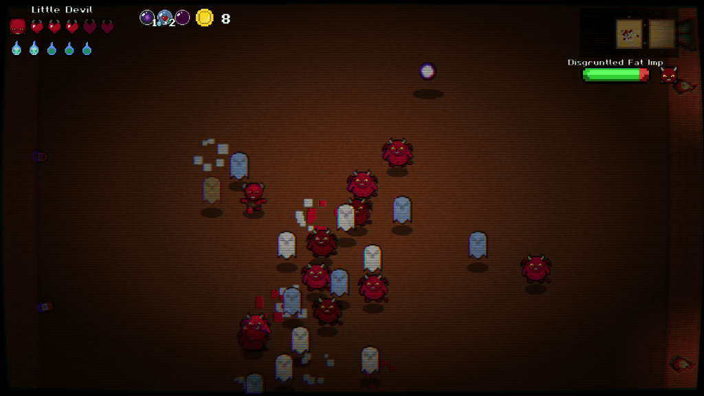 A dungeon room in Little Devil packed with Fat Imps and Ghosts, spawned using the new July 2026 threat-budget enemy system