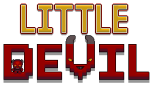 Little Devil logo in pixel art: gold “LITTLE” above dark red “DEVIL”, with the V drawn as a horned devil face and a small red devil sitting inside the D